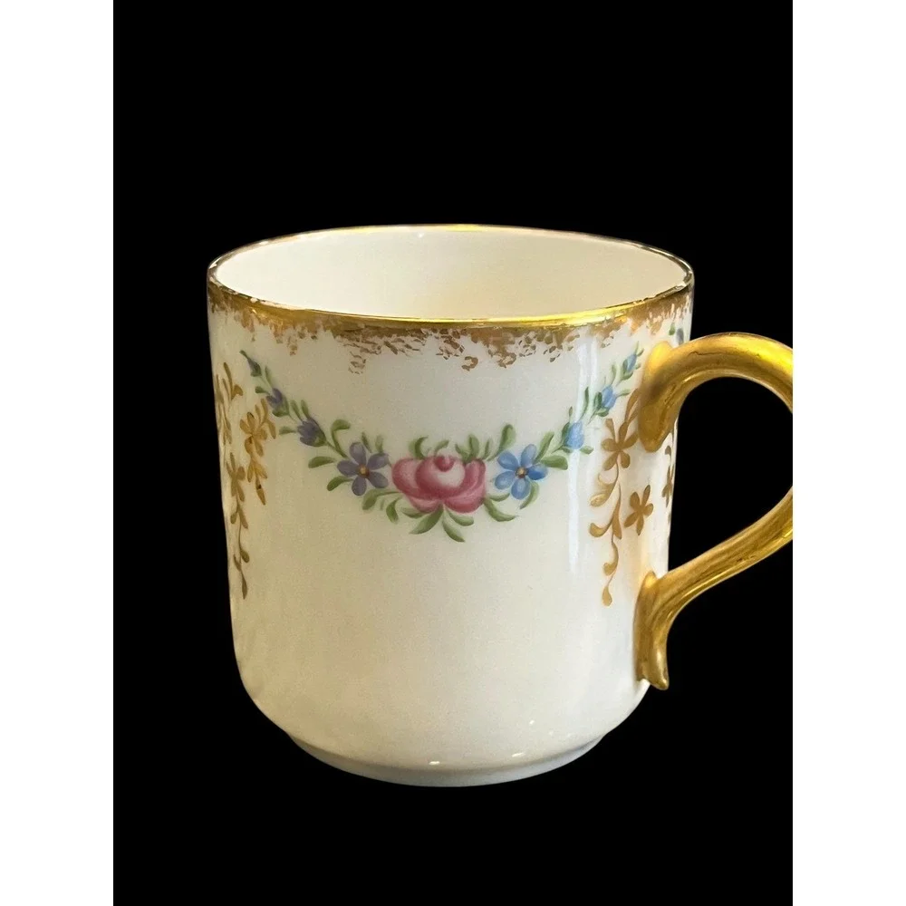 Haviland & Co Limoges France Floral Gold Gilt Demitasse Cup and Saucer Set